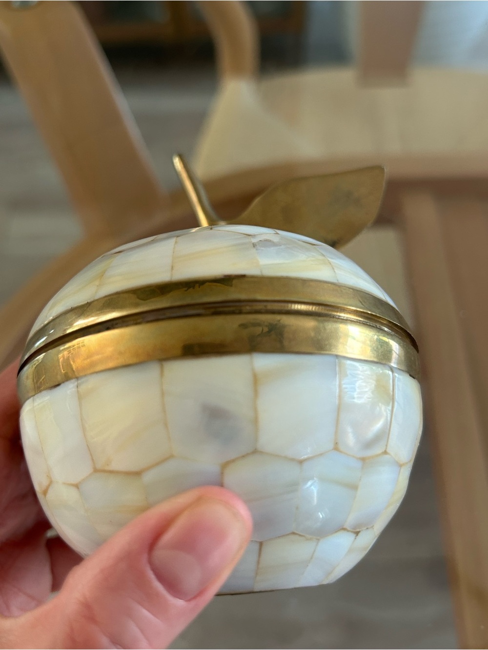 Decorative Mother of Pearl Apple Trinket Box with Brass Accents - Picture 6 of 16